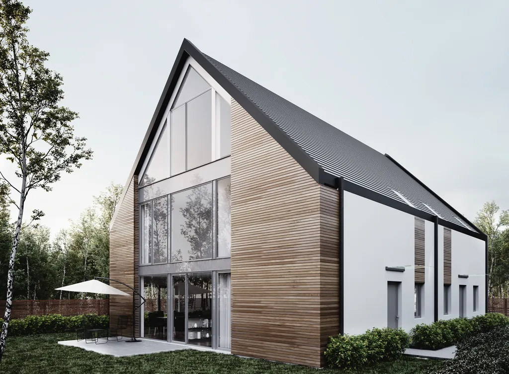 Doppelhaus in Ehmen mit Holzfassade und dunklem Satteldach